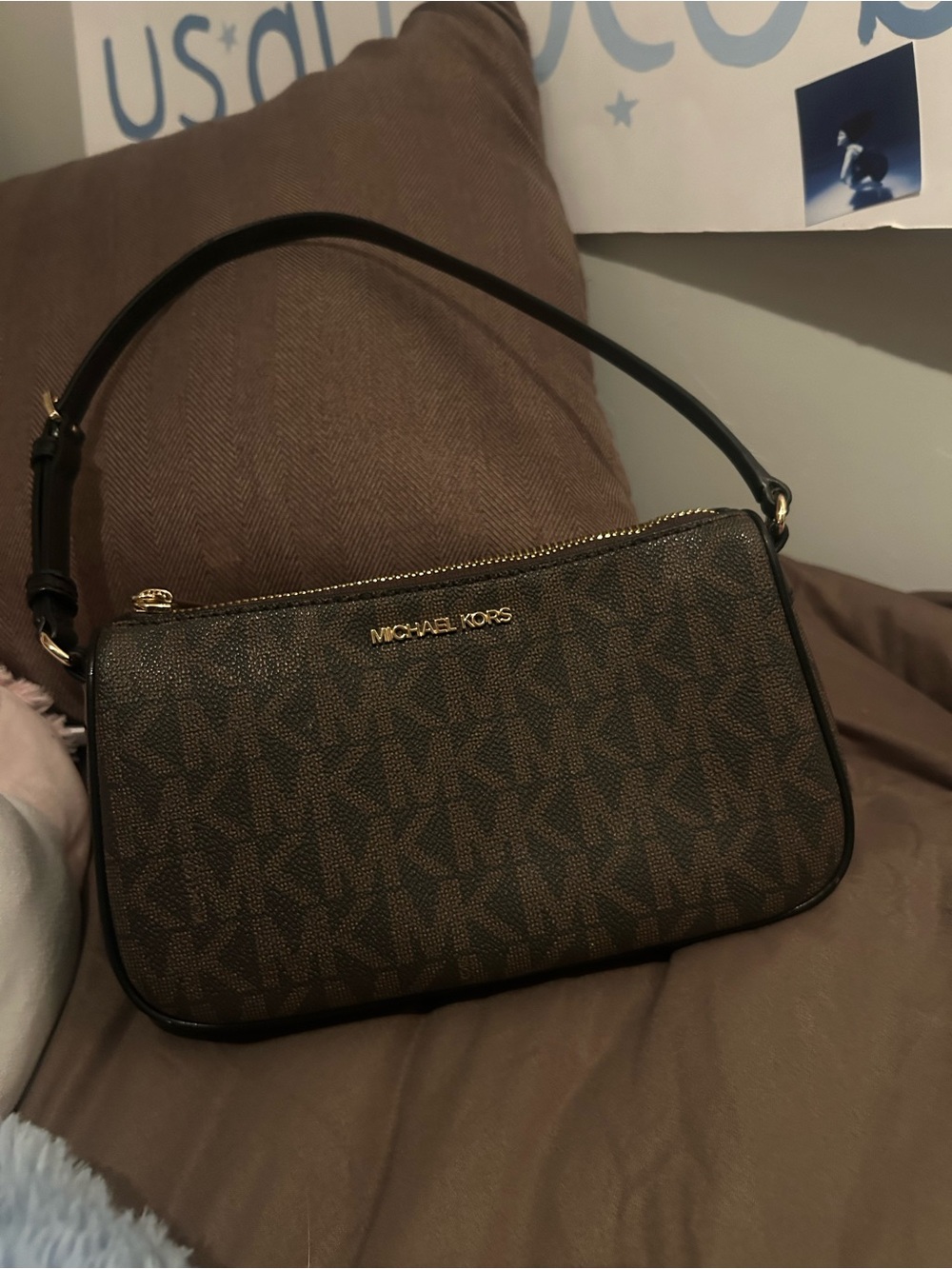 Michael Kors Brown Logo Shoulder Bag with Gold Hardware